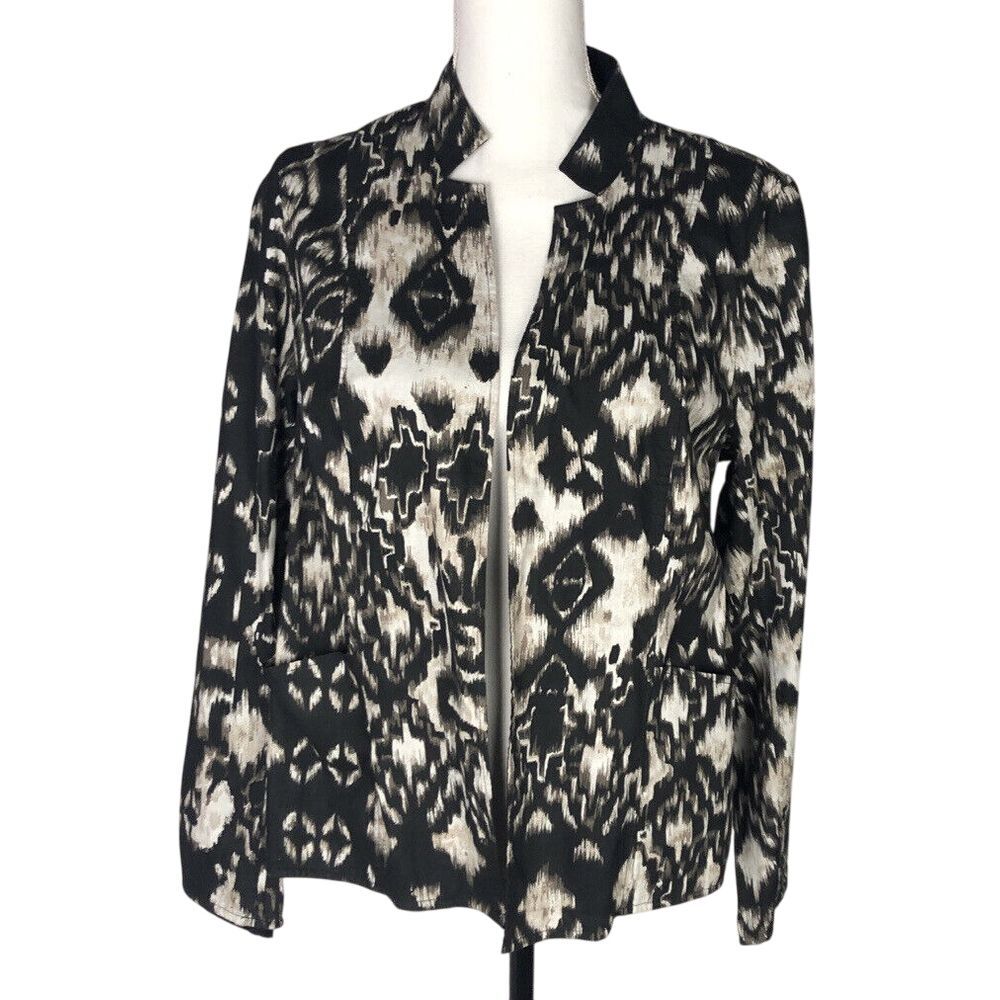 Chico's 100% Cotton Open Front‎ Light Weight Jacket Size 1 Black Gray Beige